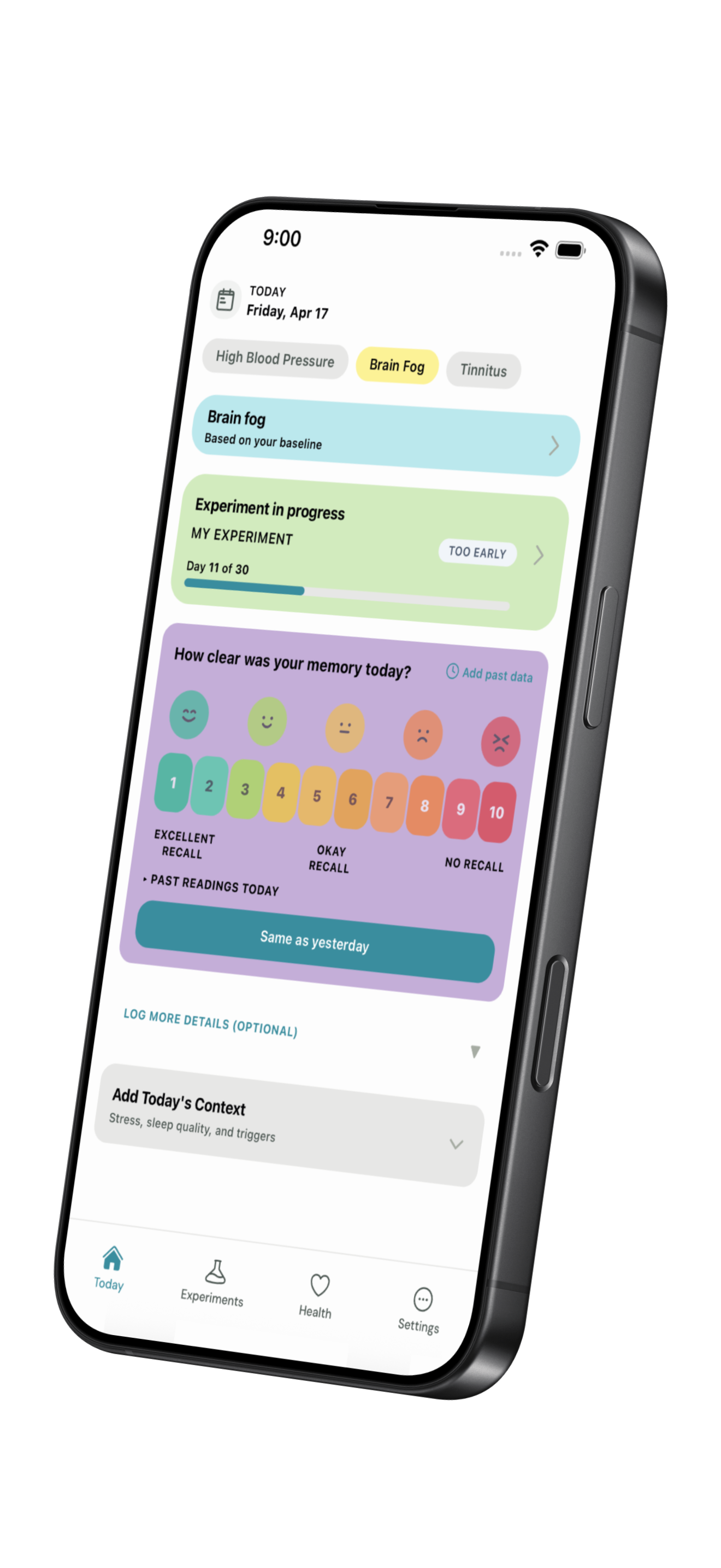 Lemma Health app on iPhone showing daily symptom tracking